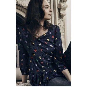 Anthropologie Maeve Lila Navy Tiered Tunic Blouse Blue Colorful Polka Dot Large